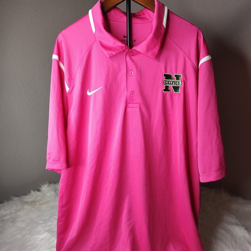 Nike Polo Shirt Mens XL Pink Dri-FIT Short Sleeve Celtics N Logo Athletic Top